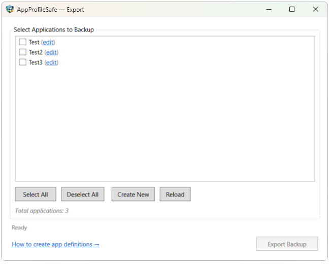 AppProfileSafe Export window